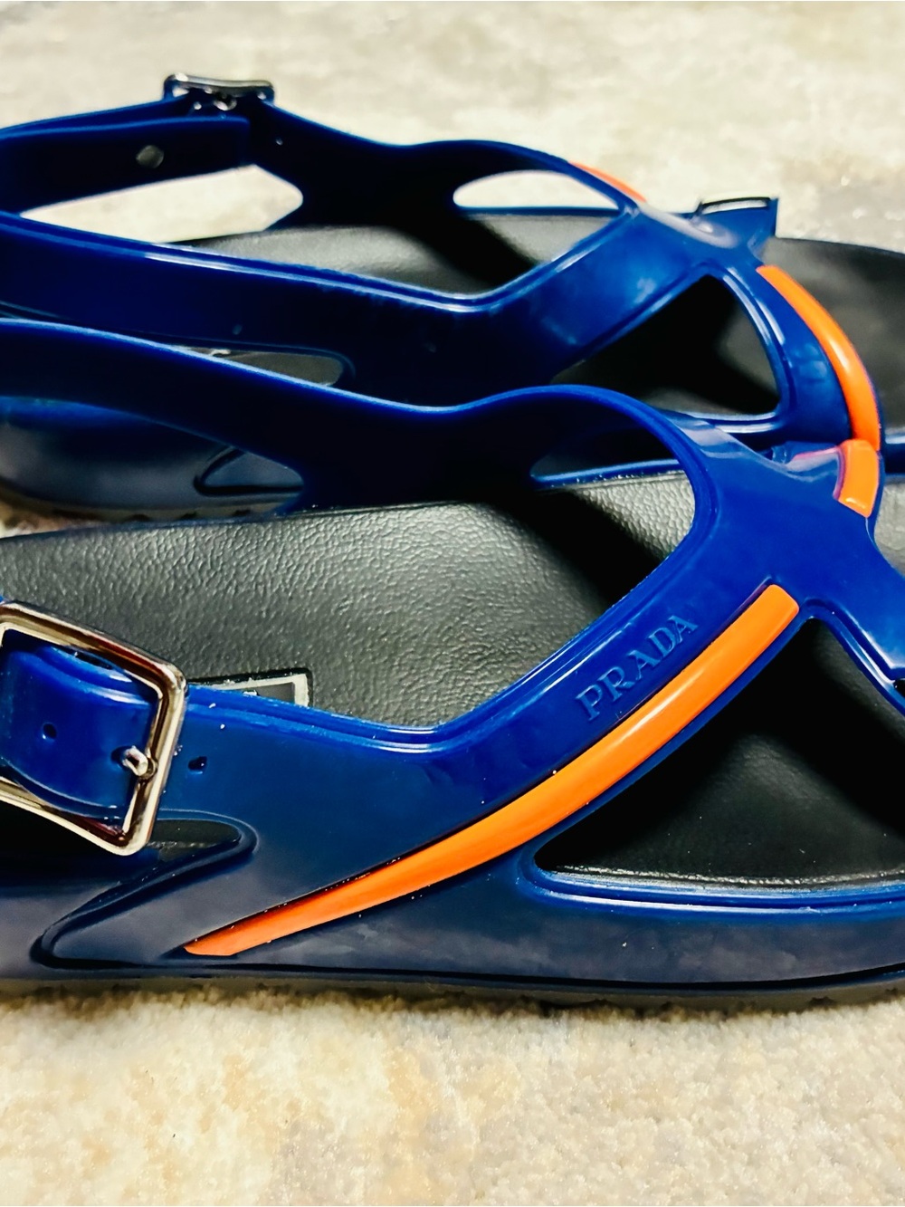 Prada Navy Blue Sandals with Bright Orange Trim - Picture 3 of 7